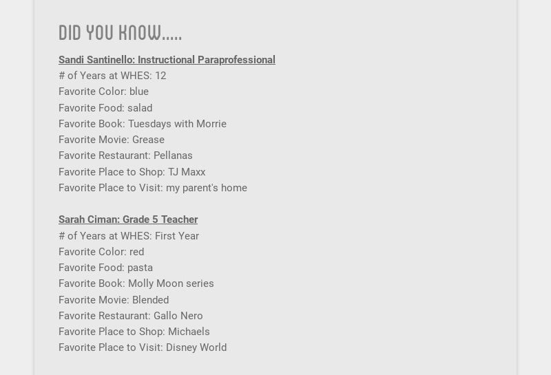 did you know.....
Sandi Santinello: Instructional Paraprofessional
# of Years at WHES: 12...