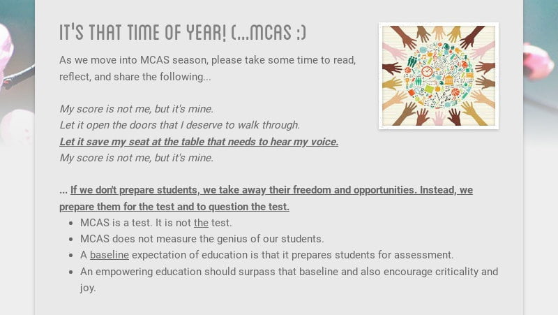 it's that time of year! (...mcas :)
As we move into MCAS season, please take some time to read,...