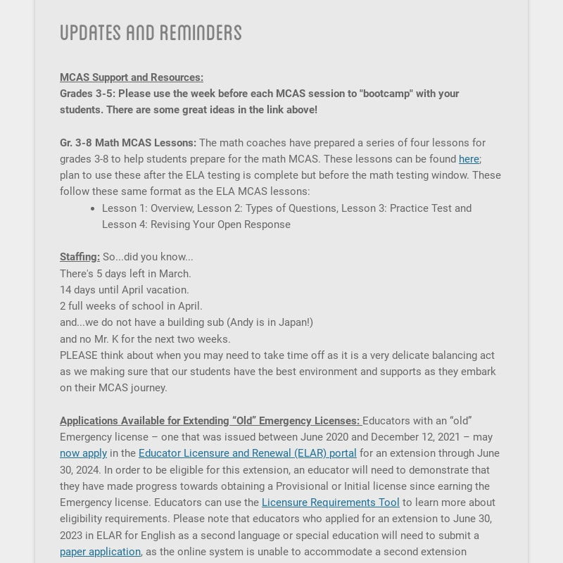updates and reminders
MCAS Support and Resources:
Grades 3-5: Please use the week before each...
